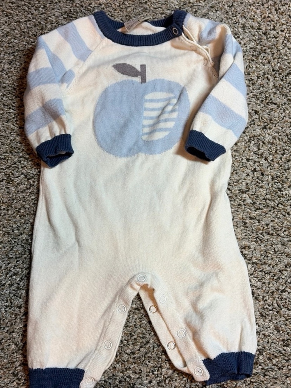 Cream and Light Blue Apple Knit Baby One-Piece